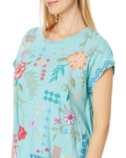 Johnny Was Katie Relaxed Drape Tee Shirt Marine Blue Top Floral Embroidered XL NEW