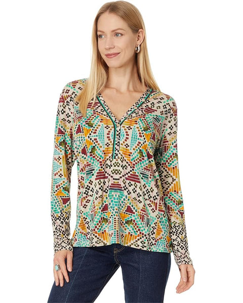 Johnny Was Etris Janie Favorite Long Sleeve Button Henley Tee Shirt Beige Top XXL NEW