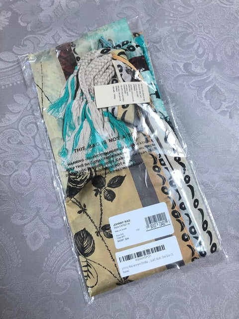 Johnny Was Emillia Silk Scarf Blue Flowers Square Large Beige Scarves Floral Tassels NEW