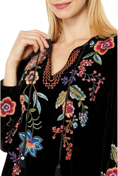 Johnny Was Ardell Velvet Relaxed Tee Blouse Floral Embroidery Top Shirt Black NEW