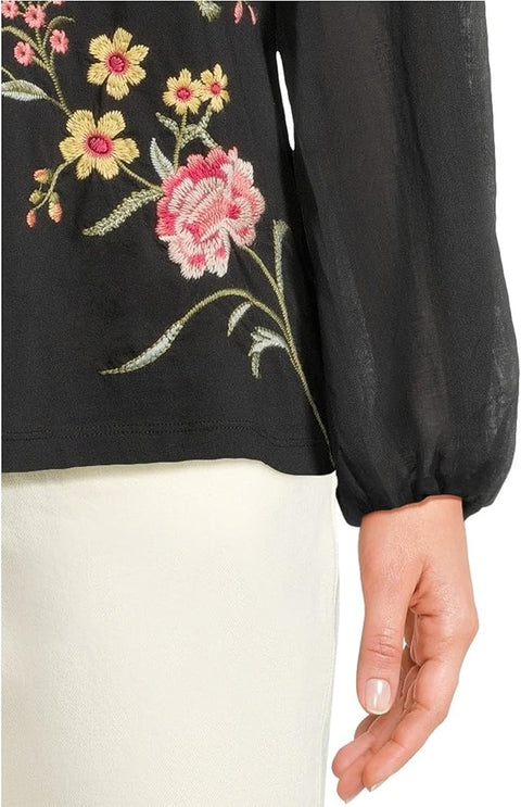 Johnny Was Sophie Mixed Media Tee Cotton Floral Embroidered Shirt Black Top NEW
