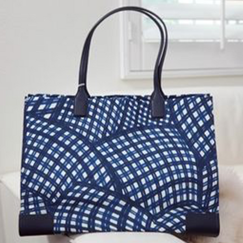 Tory Burch Ella Printed Tote Bag Handbag Navy Warped Gingham Nylon Leather New