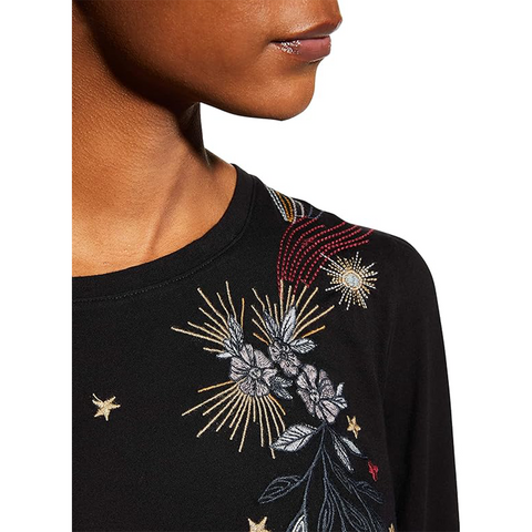 Johnny Was Selah Cuffed Puff Long Sleeve Tee Black Crew Neck Floral Shirt Top NEW