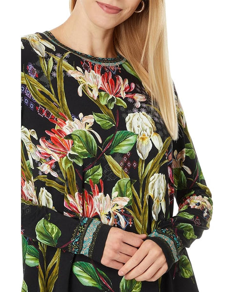 Johnny Was Janie Favorite Iris Whisper Long Swing Tee Floral Shirt Top Black NEW