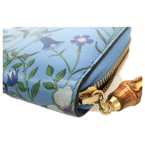 Gucci Nymphae Azure Shanghai Blue Large Floral Zip Wallet Purse Italy Bag NEW
