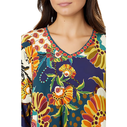 Johnny Was Kimbra Favorite Long Shirt Flared Swing Tee Floral Yellow Top XL NEW