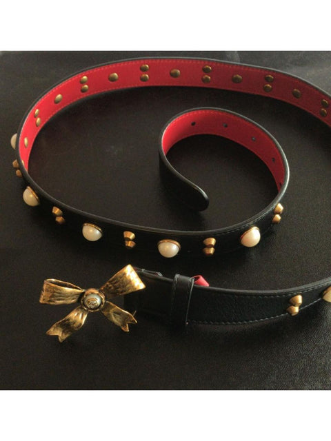 Gucci Studded Leather Belt Metal Bow Hibiscus Red Black Belt Moon Pearl Italy NEW