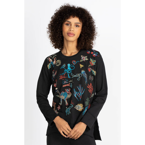 Johnny Was Zoe Black Relaxed Drape Top Shirt Blouse Animal Embroidery Floral New