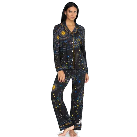 Johnny Was Celestine 2 Piece Cotton Long PJ Set Black Sleep Home Lounge Wear NEW