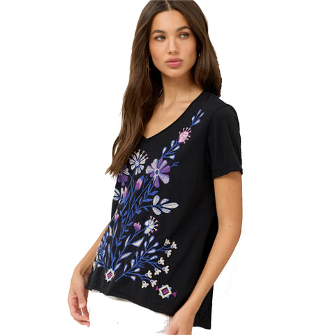 Johnny Was Adina Everyday Tee Cotton Short Black Shirt Floral Embroidery Top NEW