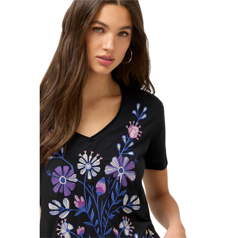 Johnny Was Adina Everyday Tee Cotton Short Black Shirt Floral Embroidery Top NEW