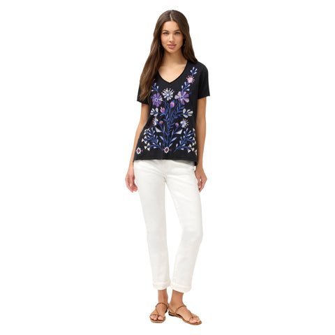 Johnny Was Adina Everyday Tee Cotton Short Black Shirt Floral Embroidery Top NEW