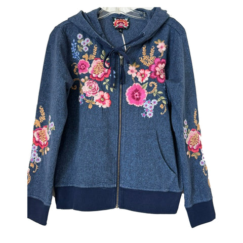 Johnny Was Modern Zip Up Hoodie Aerus Floral Cotton Elowen Denim Blue Top NEW