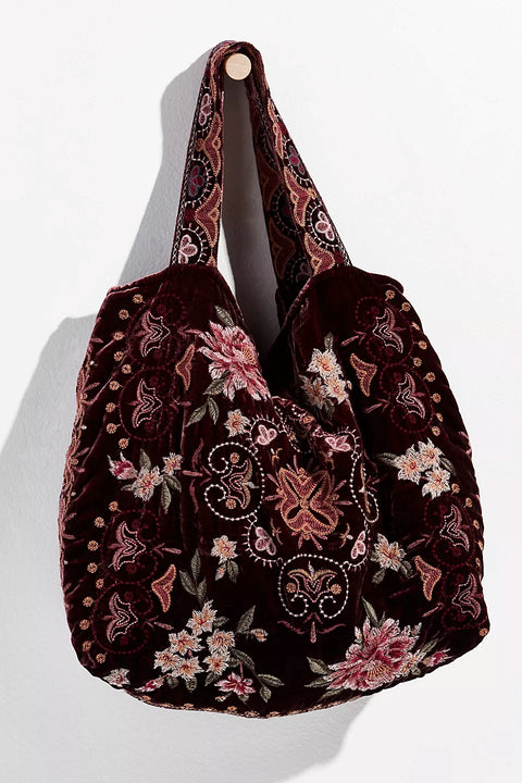 Johnny Was Joanna Velvet Embroidery Amethyst Black Shoulder Tote Bag Handbag NEW
