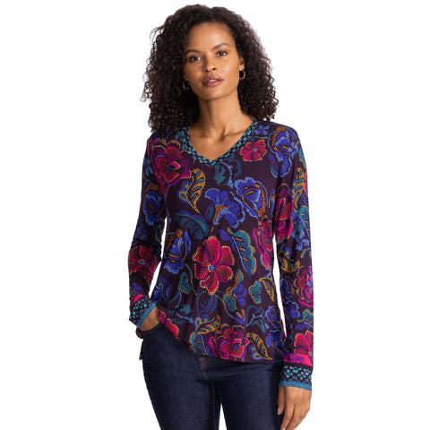 Johnny Was Janie Favorite Aphaia Long Swing Tee Floral Shirt Blue Pink Top NEW