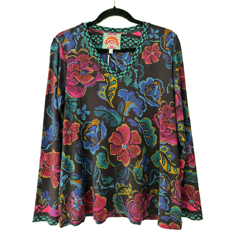 Johnny Was Janie Favorite Aphaia Long Swing Tee Floral Shirt Blue Pink Top NEW