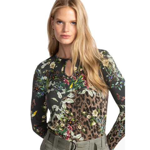 Johnny Was Janie Favorite Ash Bird Keyhole Top Long Floral Animal Black Brown Tee Shirt NEW