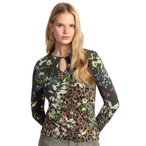 Johnny Was Ash Bird Leopard Cotton Zip Up Jacket Hoodie Sweatshirt Black Brown Top NEW
