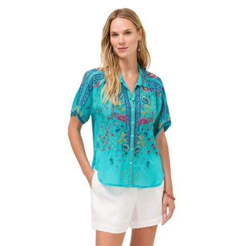 Johnny Was Audrey Short Sleeve Shirt Lunes Ceramic Blue Embroidery Floral Top NEW