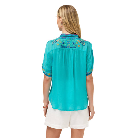 Johnny Was Audrey Short Sleeve Shirt Lunes Ceramic Blue Embroidery Floral Top NEW