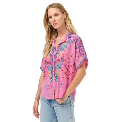 Johnny Was Audrey Short Lunes Pink Cosmos Shirt Embroidery Floral Top Large NEW
