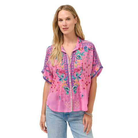 Johnny Was Audrey Short Lunes Pink Cosmos Shirt Embroidery Floral Top Large NEW