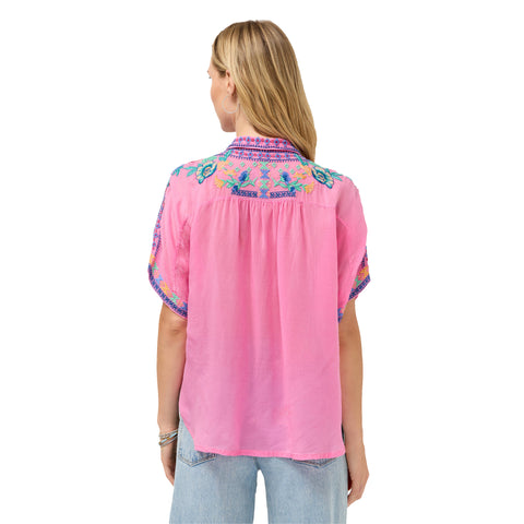 Johnny Was Audrey Short Lunes Pink Cosmos Shirt Embroidery Floral Top Large NEW