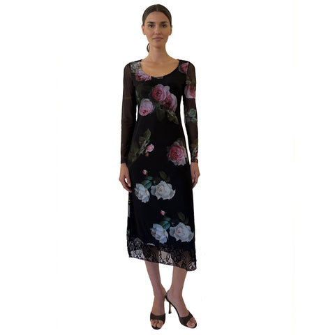 Johnny Was Aurorya Midi Dress Floral Women Long Sleeve Pink Flowers Black NEW