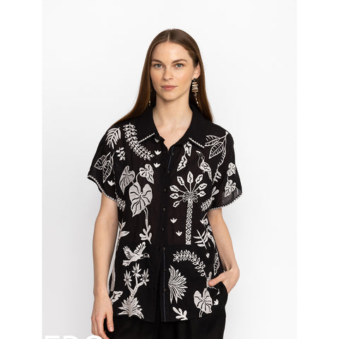 Johnny Was Luciana Dolman Flower Shirt Short Sleeve Button Black White Top New