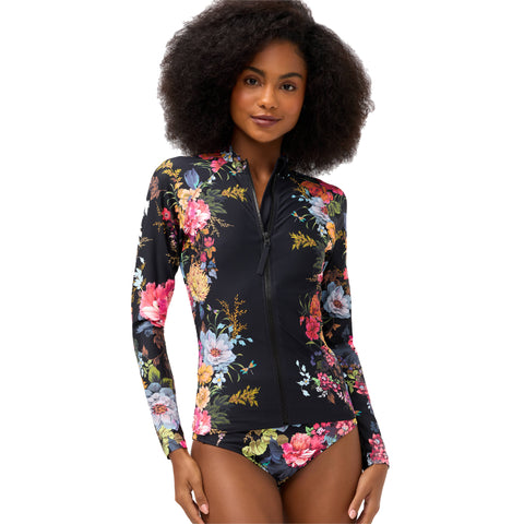 Johnny Was Baccara Long Surf Shirt Swim Pink Floral Zip Rash Guard Black Top NEW