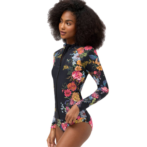 Johnny Was Baccara Long Surf Shirt Swim Pink Floral Zip Rash Guard Black Top NEW