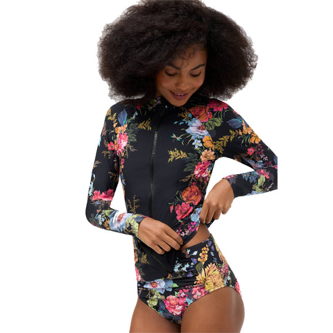 Johnny Was Baccara Long Surf Shirt Swim Pink Floral Zip Rash Guard Black Top NEW