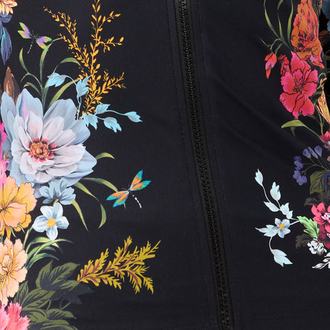 Johnny Was Baccara Long Surf Shirt Swim Pink Floral Zip Rash Guard Black Top NEW