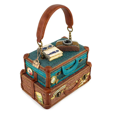 Mary Frances Baggage Claim Beaded Suitcase Handbag Brown Blue Bag Tour Purse NEW