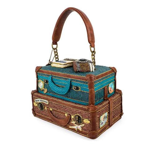 Mary Frances Baggage Claim Beaded Suitcase Handbag Brown Blue Bag Tour Purse NEW