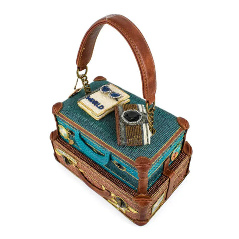 Mary Frances Baggage Claim Beaded Suitcase Handbag Brown Blue Bag Tour Purse NEW