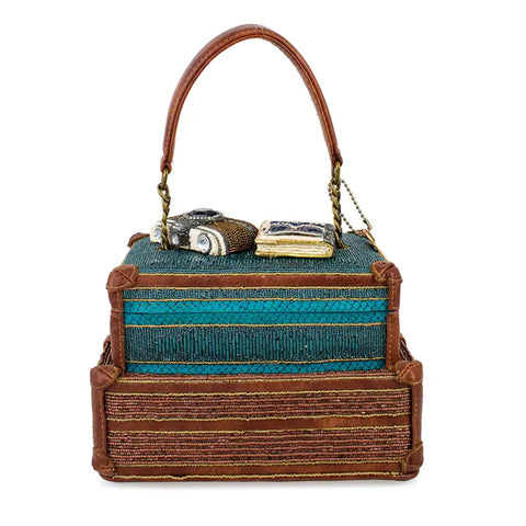 Mary Frances Baggage Claim Beaded Suitcase Handbag Brown Blue Bag Tour Purse NEW