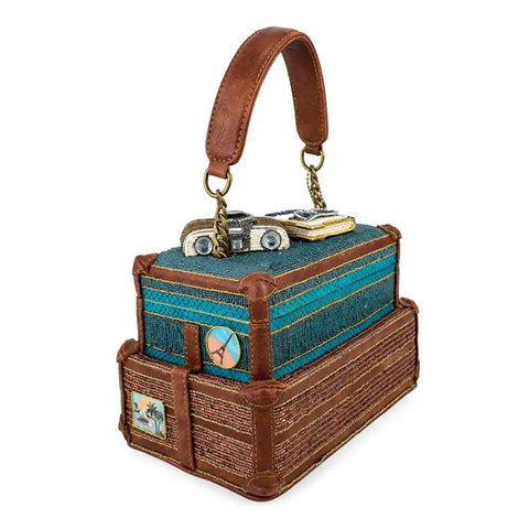 Mary Frances Baggage Claim Beaded Suitcase Handbag Brown Blue Bag Tour Purse NEW