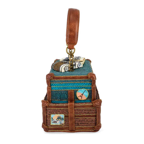Mary Frances Baggage Claim Beaded Suitcase Handbag Brown Blue Bag Tour Purse NEW