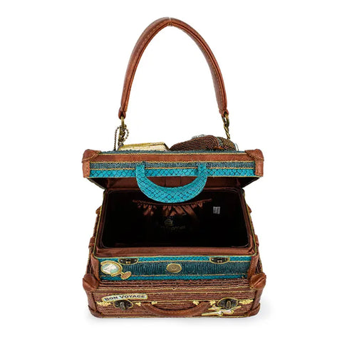 Mary Frances Baggage Claim Beaded Suitcase Handbag Brown Blue Bag Tour Purse NEW