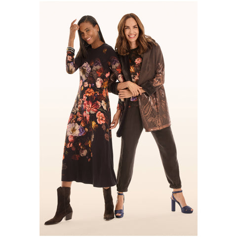 Johnny Was Janie Favorite Beckett Blooms Long Pink Floral Midi Dress Black NEW