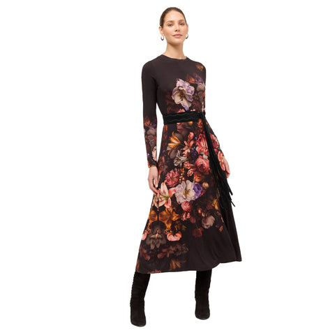 Johnny Was Janie Favorite Beckett Blooms Long Pink Floral Midi Dress Black NEW