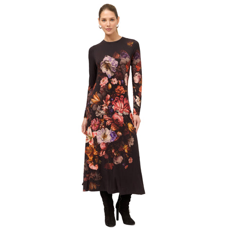 Johnny Was Janie Favorite Beckett Blooms Long Pink Floral Midi Dress Black NEW