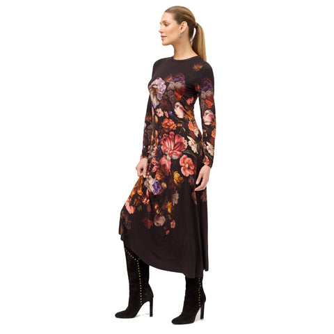 Johnny Was Janie Favorite Beckett Blooms Long Pink Floral Midi Dress Black NEW