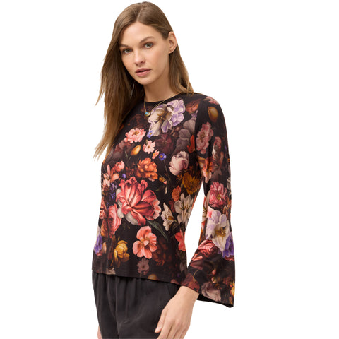 Johnny Was Janie Favorite Beckett Blooms Tee Long Pink Floral Shirt Black Top NEW