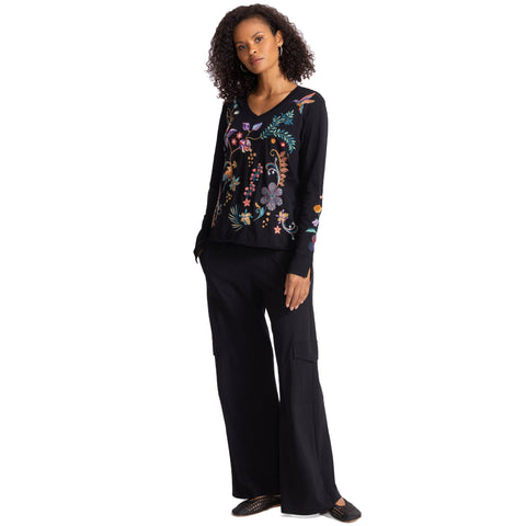 Johnny Was Belina Slit Sleeve Tee Cotton Embroidered Floral Shirt Black Top NEW