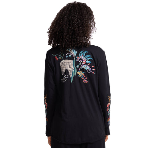 Johnny Was Belina Slit Sleeve Tee Cotton Embroidered Floral Shirt Black Top NEW