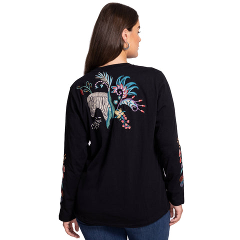 Johnny Was Belina Slit Sleeve Tee Cotton Embroidered Floral Shirt Black Top NEW