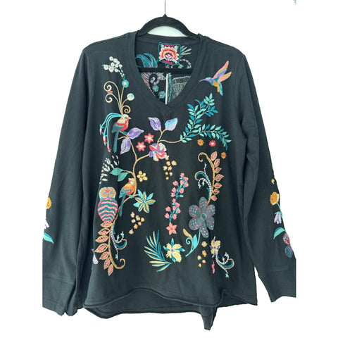 Johnny Was Belina Slit Sleeve Tee Cotton Embroidered Floral Shirt Black Top NEW
