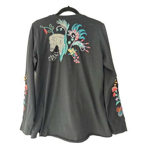 Johnny Was Belina Slit Sleeve Tee Cotton Embroidered Floral Shirt Black Top NEW